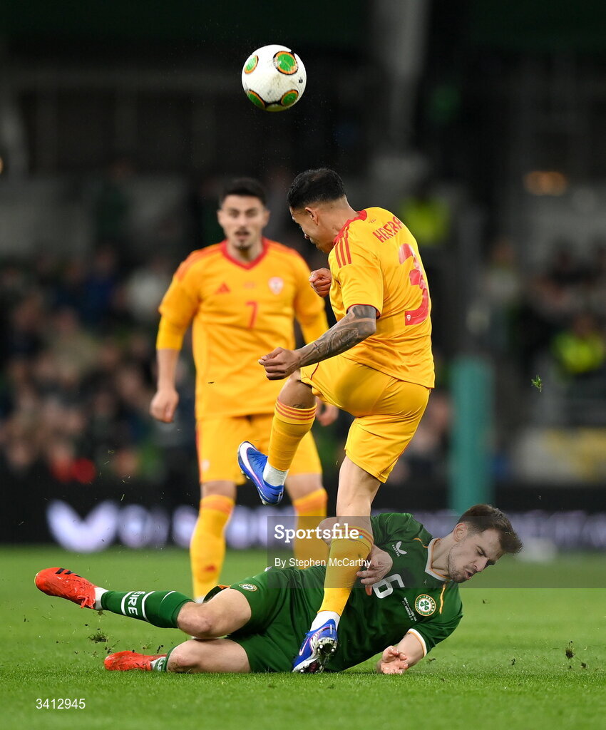 31 March 2026; Jayson Molumby of Republic of Ireland in action against Sebastijan Herera of North Macedonia  during the international friendly match between Republic of Ireland and North Macedonia at Aviva Stadium in Dublin. Photo by Stephen McCarthy/Sportsfile