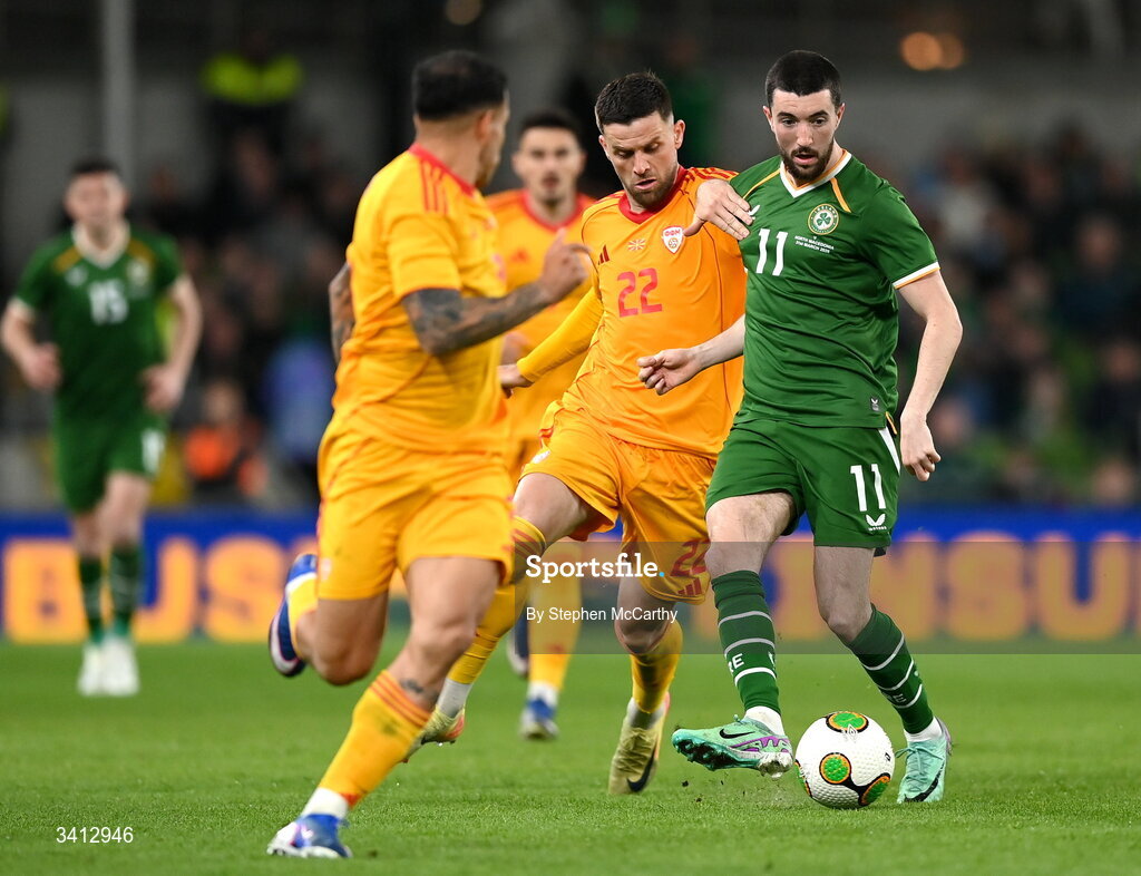 31 March 2026; Finn Azaz of Republic of Ireland in action against Isnik Alimi of North Macedonia during the international friendly match between Republic of Ireland and North Macedonia at Aviva Stadium in Dublin. Photo by Stephen McCarthy/Sportsfile