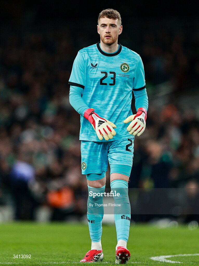 31 March 2026; Republic of Ireland goalkeeper Mark Travers during the international friendly match between Republic of Ireland and North Macedonia at Aviva Stadium in Dublin. Photo by Thomas Flinkow/Sportsfile