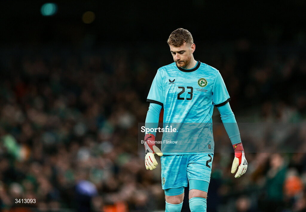 31 March 2026; Republic of Ireland goalkeeper Mark Travers during the international friendly match between Republic of Ireland and North Macedonia at Aviva Stadium in Dublin. Photo by Thomas Flinkow/Sportsfile