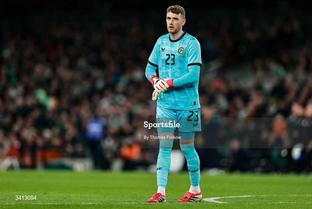 31 March 2026; Republic of Ireland goalkeeper Mark Travers during the international friendly match between Republic of Ireland and North Macedonia at Aviva Stadium in Dublin. Photo by Thomas Flinkow/Sportsfile