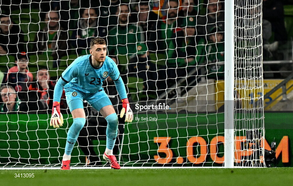 31 March 2026; Republic of Ireland goalkeeper Mark Travers during the international friendly match between Republic of Ireland and North Macedonia at the Aviva Stadium in Dublin. Photo by Seb Daly/Sportsfile