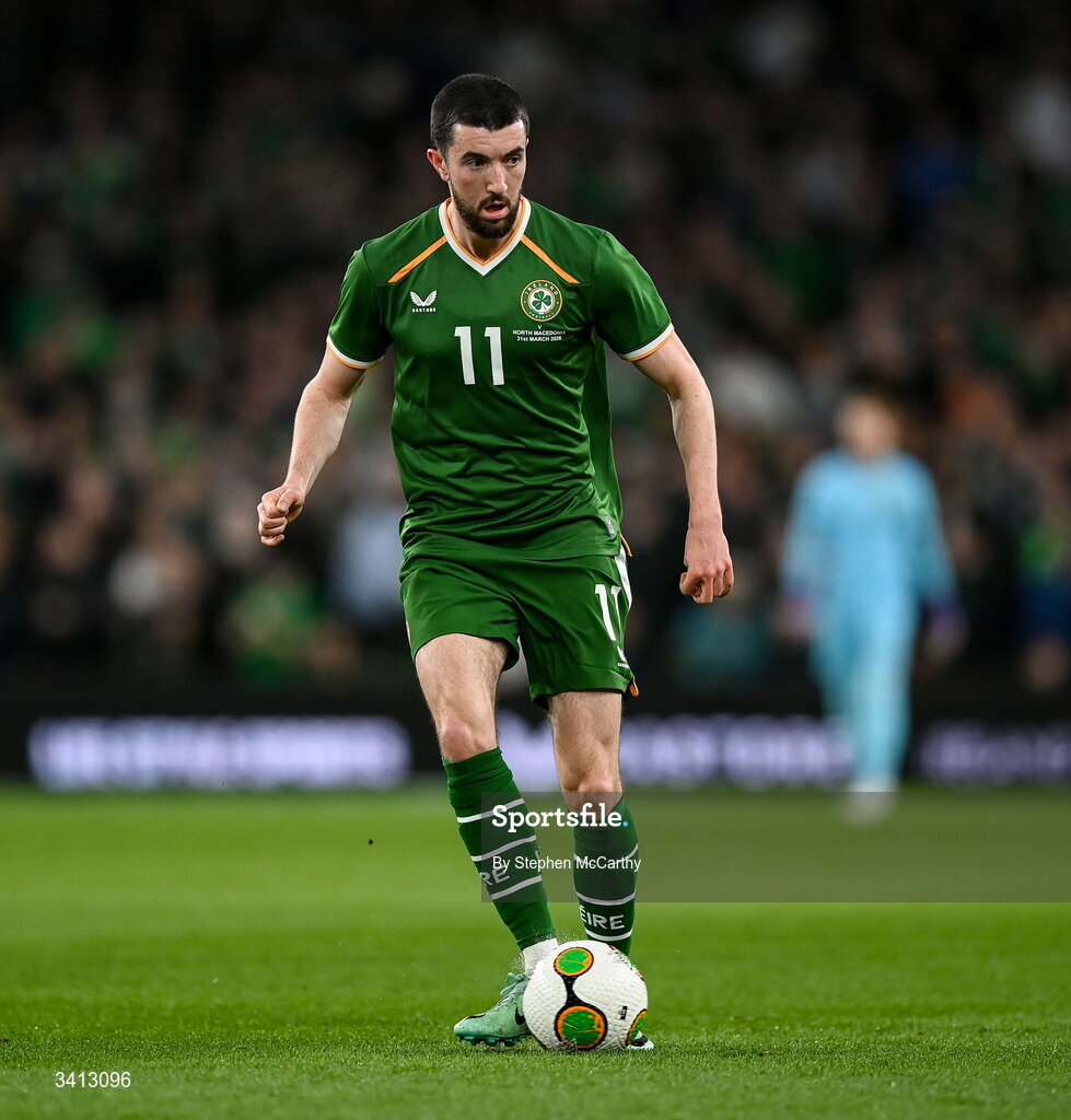 31 March 2026; Finn Azaz of Republic of Ireland during the international friendly match between Republic of Ireland and North Macedonia at Aviva Stadium in Dublin. Photo by Stephen McCarthy/Sportsfile