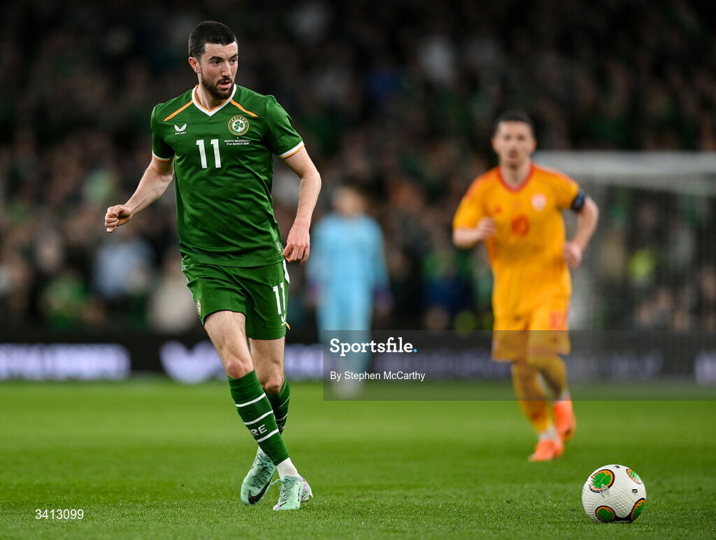 31 March 2026; Finn Azaz of Republic of Ireland during the international friendly match between Republic of Ireland and North Macedonia at Aviva Stadium in Dublin. Photo by Stephen McCarthy/Sportsfile