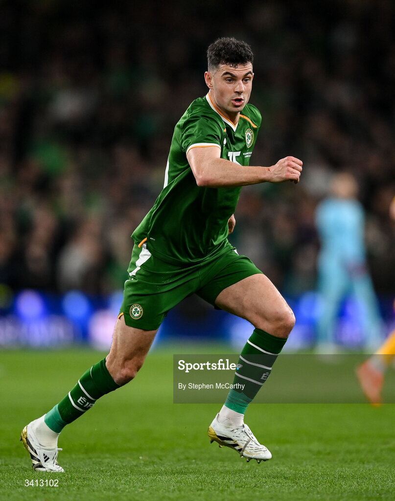 31 March 2026; John Egan of Republic of Ireland during the international friendly match between Republic of Ireland and North Macedonia at Aviva Stadium in Dublin. Photo by Stephen McCarthy/Sportsfile