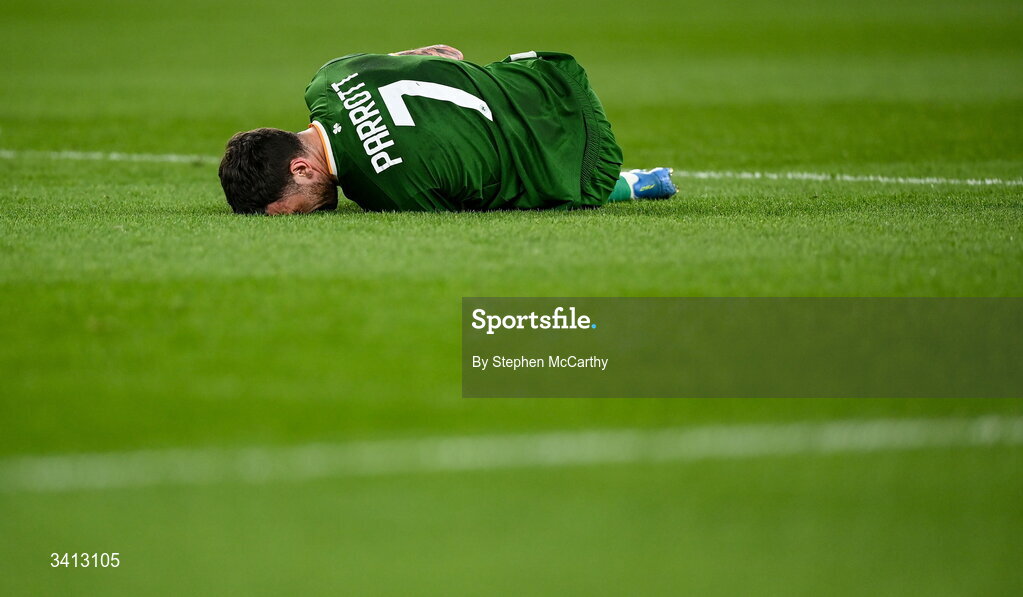 31 March 2026; Troy Parrott of Republic of Ireland awaits medical attention during the international friendly match between Republic of Ireland and North Macedonia at Aviva Stadium in Dublin. Photo by Stephen McCarthy/Sportsfile