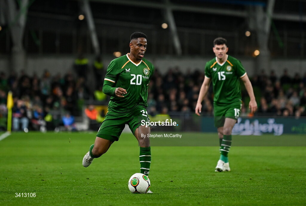 31 March 2026; Chiedozie Ogbene of Republic of Ireland during the international friendly match between Republic of Ireland and North Macedonia at Aviva Stadium in Dublin. Photo by Stephen McCarthy/Sportsfile