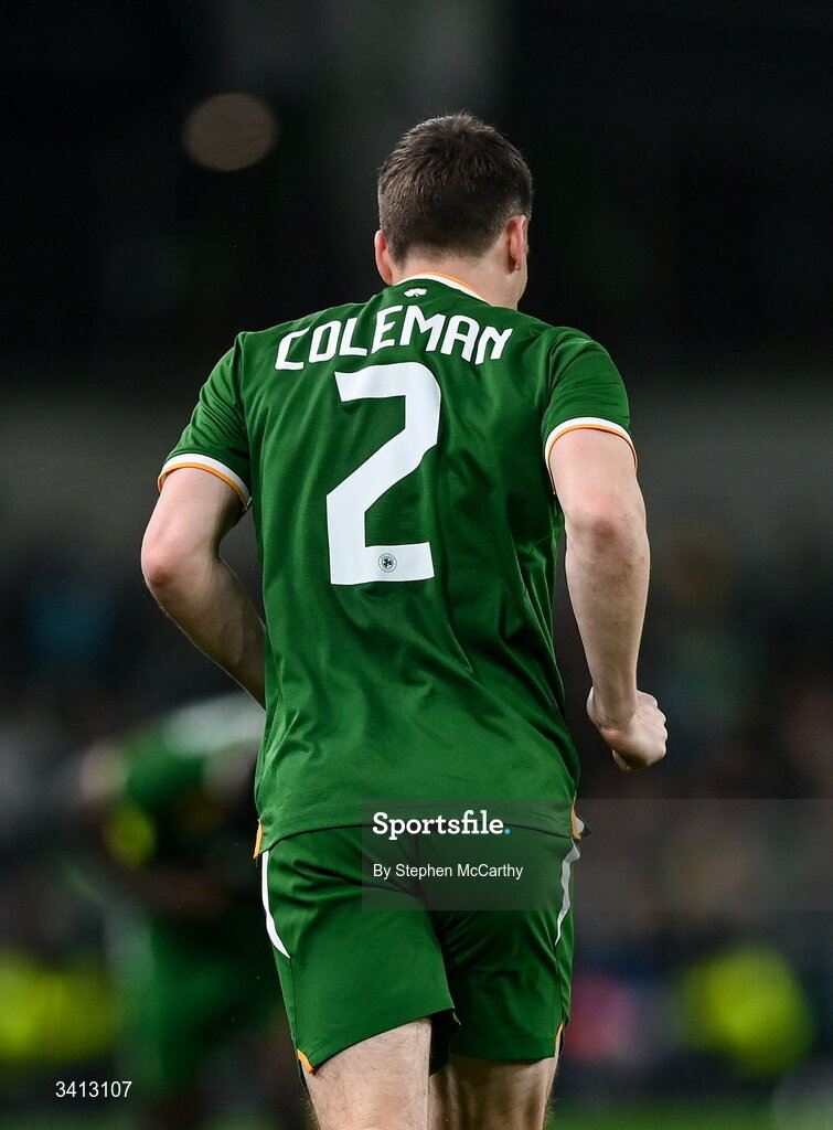 31 March 2026; Seamus Coleman of Republic of Ireland during the international friendly match between Republic of Ireland and North Macedonia at Aviva Stadium in Dublin. Photo by Stephen McCarthy/Sportsfile