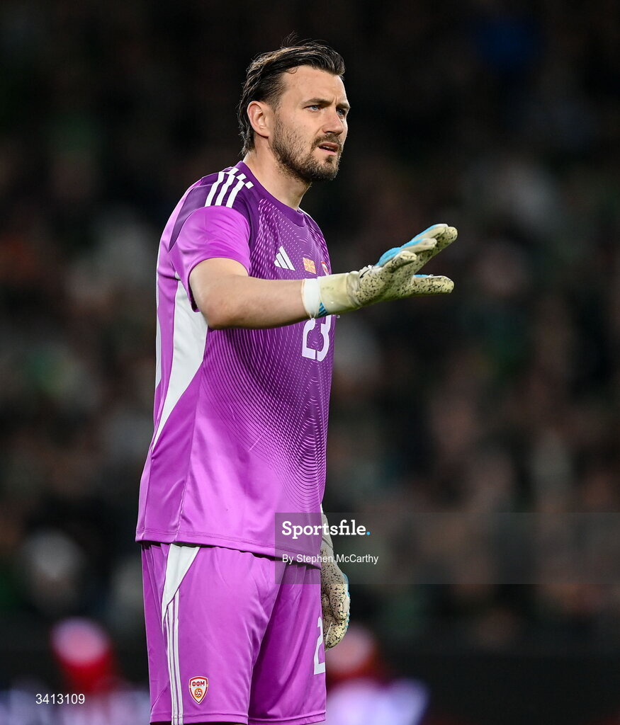 31 March 2026; North Macedonia goalkeeper Stole Dimitrievski during the international friendly match between Republic of Ireland and North Macedonia at Aviva Stadium in Dublin. Photo by Stephen McCarthy/Sportsfile