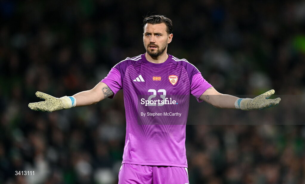 31 March 2026; North Macedonia goalkeeper Stole Dimitrievski during the international friendly match between Republic of Ireland and North Macedonia at Aviva Stadium in Dublin. Photo by Stephen McCarthy/Sportsfile