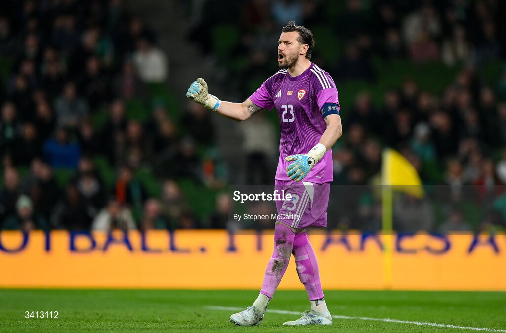 31 March 2026; North Macedonia goalkeeper Stole Dimitrievski during the international friendly match between Republic of Ireland and North Macedonia at Aviva Stadium in Dublin. Photo by Stephen McCarthy/Sportsfile