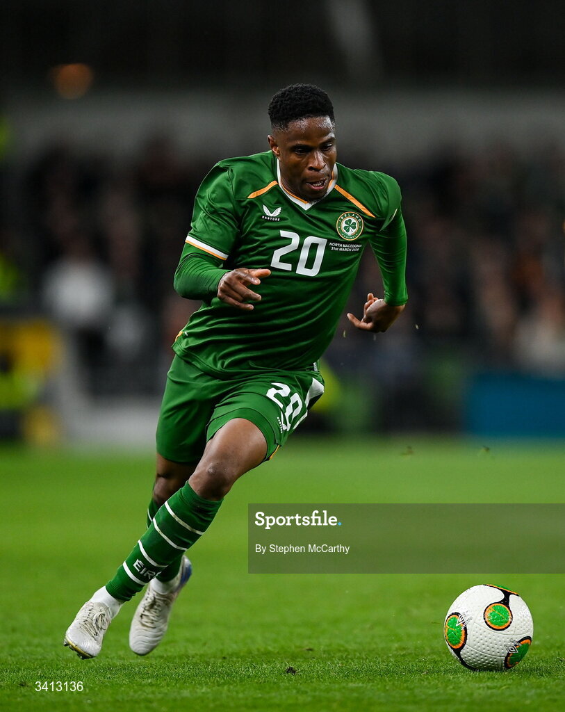 31 March 2026; Chiedozie Ogbene of Republic of Ireland during the international friendly match between Republic of Ireland and North Macedonia at Aviva Stadium in Dublin. Photo by Stephen McCarthy/Sportsfile