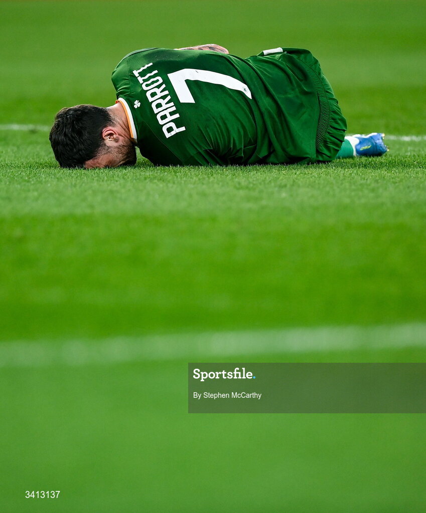 31 March 2026; Troy Parrott of Republic of Ireland awaits medical attention during the international friendly match between Republic of Ireland and North Macedonia at Aviva Stadium in Dublin. Photo by Stephen McCarthy/Sportsfile
