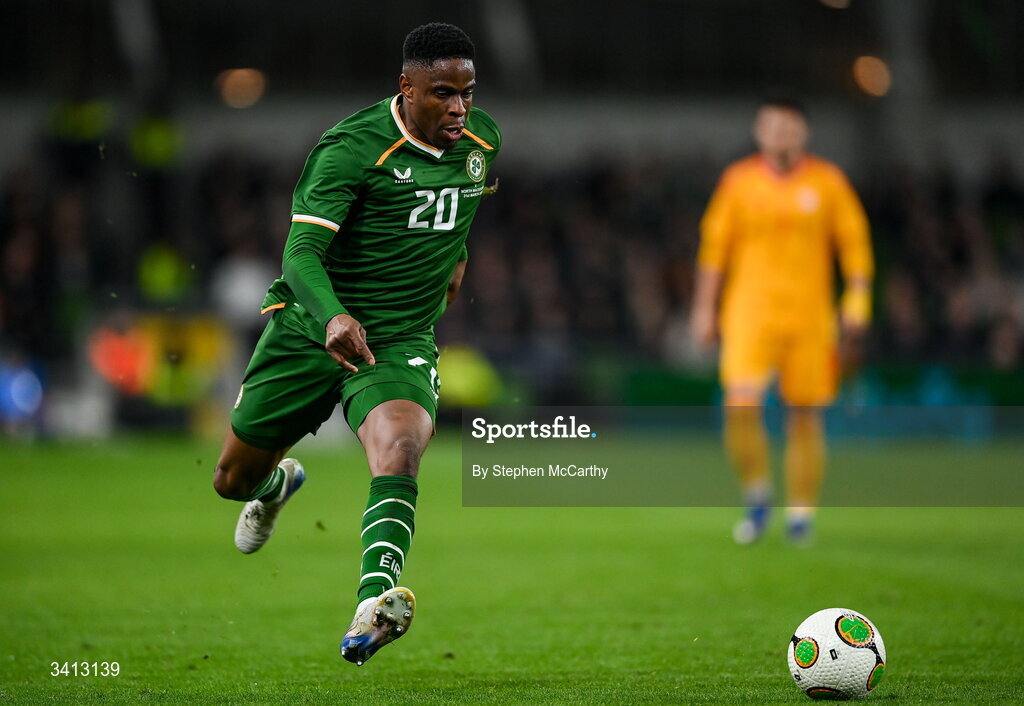 31 March 2026; Chiedozie Ogbene of Republic of Ireland during the international friendly match between Republic of Ireland and North Macedonia at Aviva Stadium in Dublin. Photo by Stephen McCarthy/Sportsfile