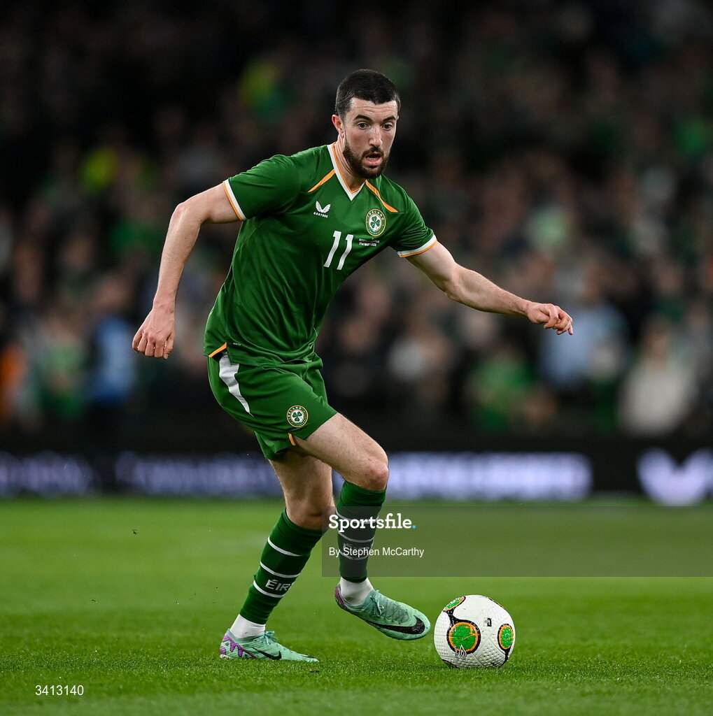 31 March 2026; Finn Azaz of Republic of Ireland during the international friendly match between Republic of Ireland and North Macedonia at Aviva Stadium in Dublin. Photo by Stephen McCarthy/Sportsfile
