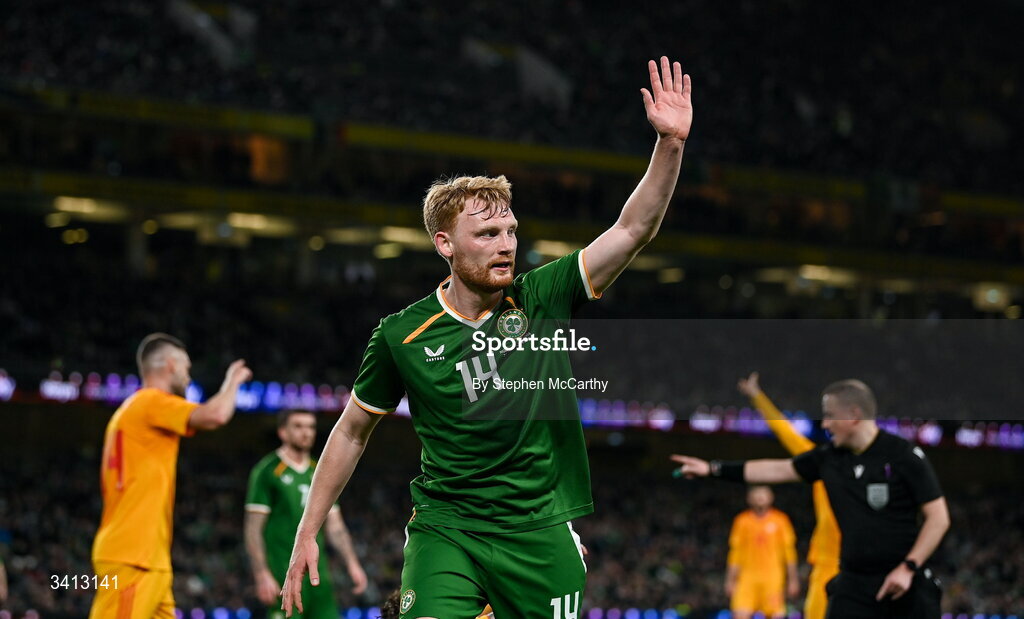 31 March 2026; Liam Scales of Republic of Ireland during the international friendly match between Republic of Ireland and North Macedonia at Aviva Stadium in Dublin. Photo by Stephen McCarthy/Sportsfile