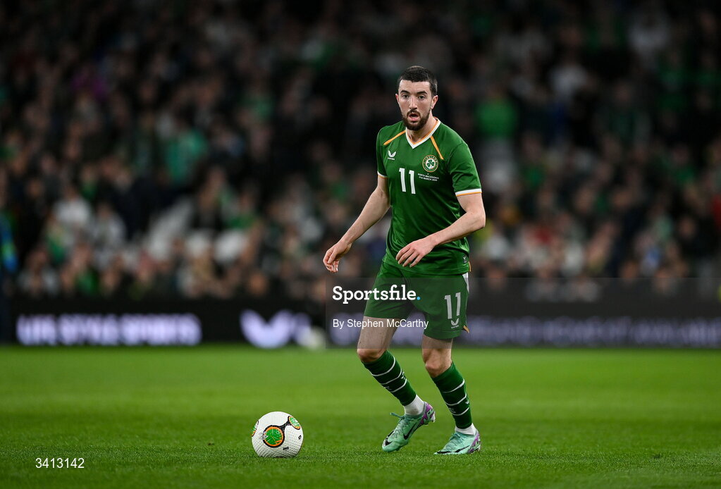 31 March 2026; Finn Azaz of Republic of Ireland during the international friendly match between Republic of Ireland and North Macedonia at Aviva Stadium in Dublin. Photo by Stephen McCarthy/Sportsfile