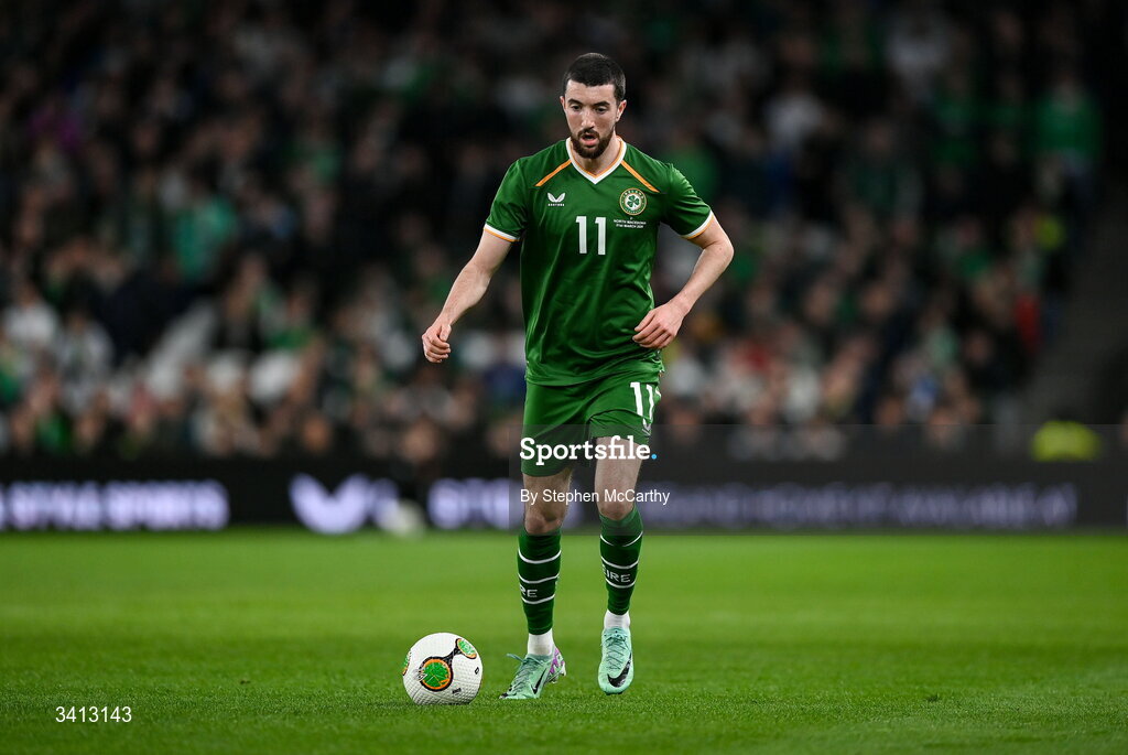 31 March 2026; Finn Azaz of Republic of Ireland during the international friendly match between Republic of Ireland and North Macedonia at Aviva Stadium in Dublin. Photo by Stephen McCarthy/Sportsfile