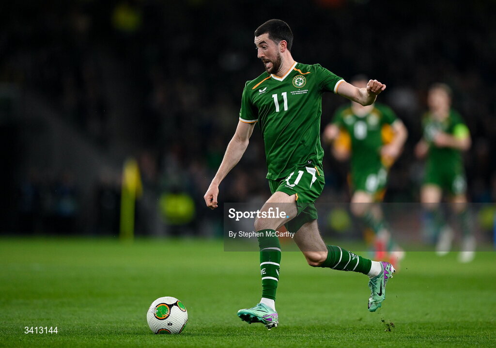 31 March 2026; Finn Azaz of Republic of Ireland during the international friendly match between Republic of Ireland and North Macedonia at Aviva Stadium in Dublin. Photo by Stephen McCarthy/Sportsfile
