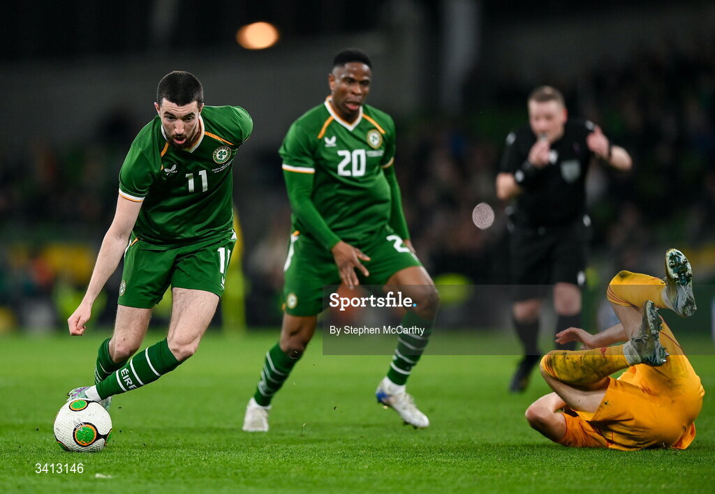 31 March 2026; Finn Azaz of Republic of Ireland during the international friendly match between Republic of Ireland and North Macedonia at Aviva Stadium in Dublin. Photo by Stephen McCarthy/Sportsfile