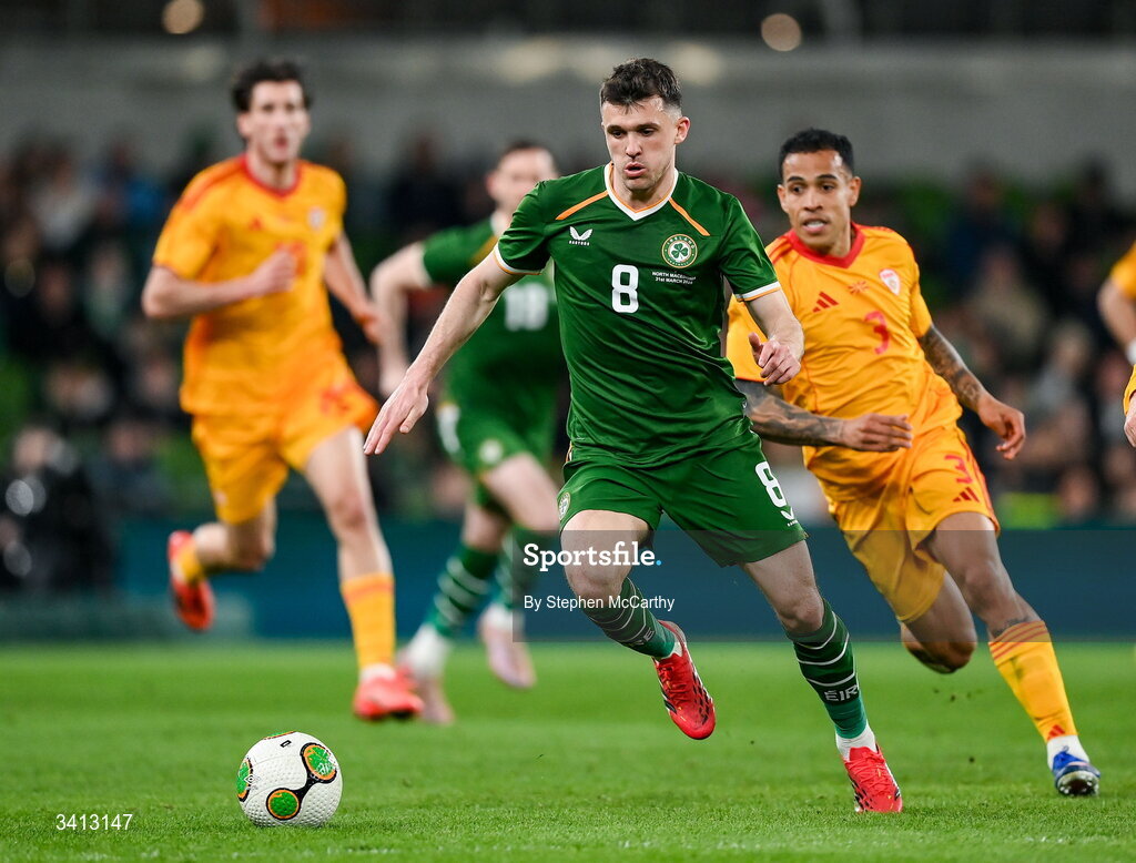 31 March 2026; Jason Knight of Republic of Ireland during the international friendly match between Republic of Ireland and North Macedonia at Aviva Stadium in Dublin. Photo by Stephen McCarthy/Sportsfile