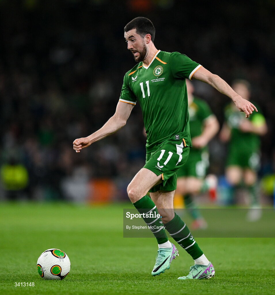 31 March 2026; Finn Azaz of Republic of Ireland during the international friendly match between Republic of Ireland and North Macedonia at Aviva Stadium in Dublin. Photo by Stephen McCarthy/Sportsfile