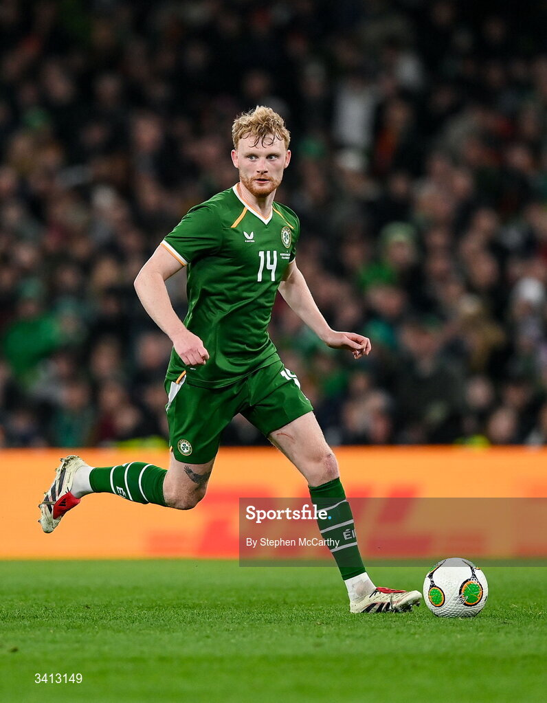 31 March 2026; Liam Scales of Republic of Ireland during the international friendly match between Republic of Ireland and North Macedonia at Aviva Stadium in Dublin. Photo by Stephen McCarthy/Sportsfile