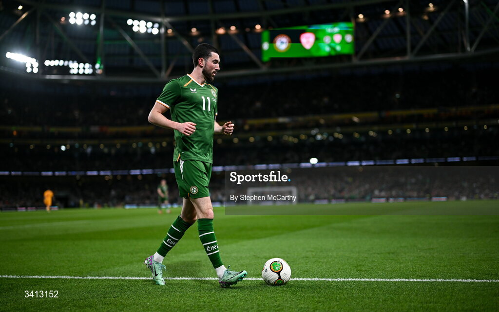 31 March 2026; Finn Azaz of Republic of Ireland during the international friendly match between Republic of Ireland and North Macedonia at Aviva Stadium in Dublin. Photo by Stephen McCarthy/Sportsfile