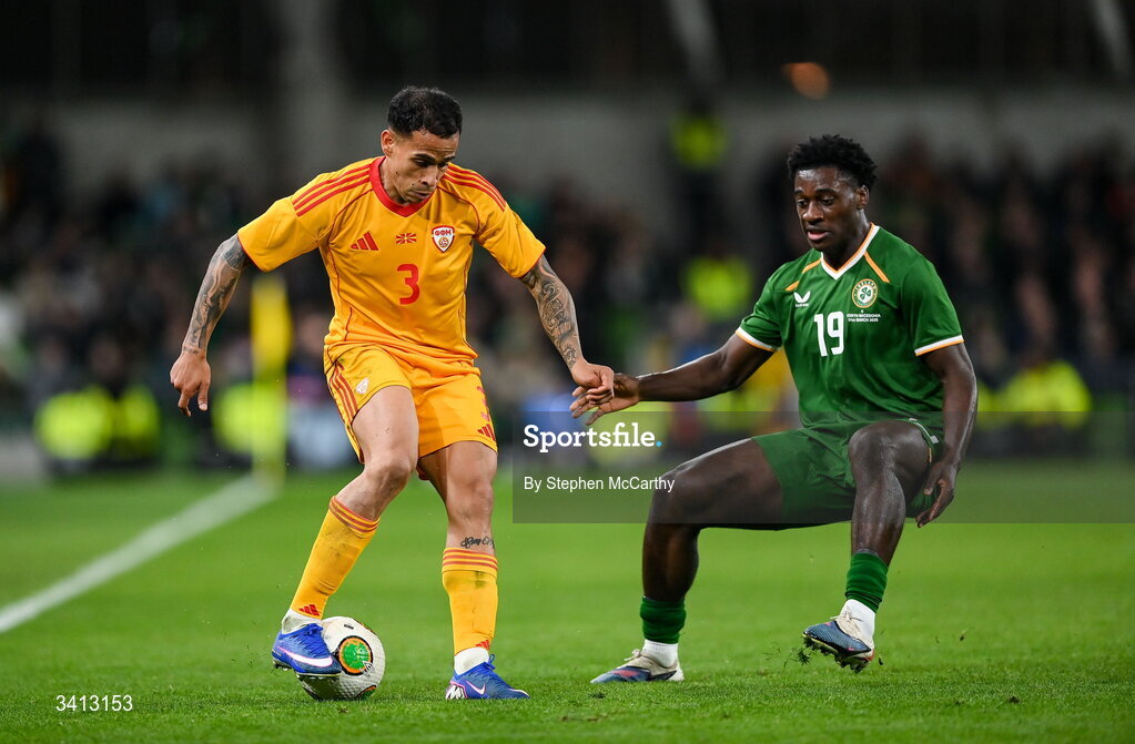 31 March 2026; Sebastijan Herera of North Macedonia and James Abankwah of Republic of Ireland during the international friendly match between Republic of Ireland and North Macedonia at Aviva Stadium in Dublin. Photo by Stephen McCarthy/Sportsfile