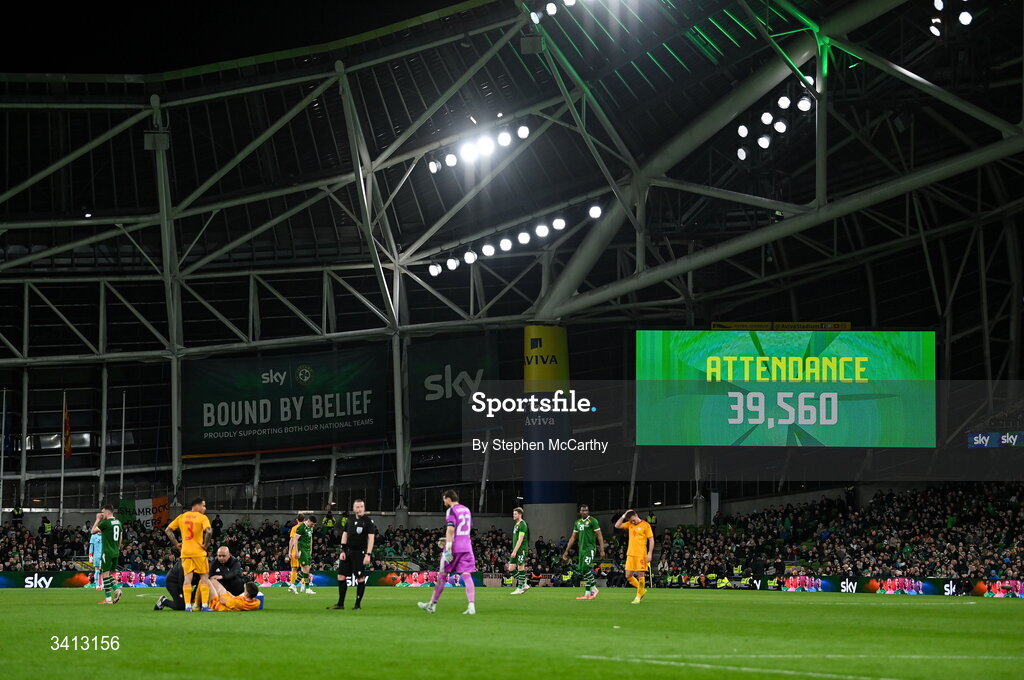 31 March 2026; The attendance figure of 39,560 is shown on the big screen during the international friendly match between Republic of Ireland and North Macedonia at Aviva Stadium in Dublin. Photo by Stephen McCarthy/Sportsfile