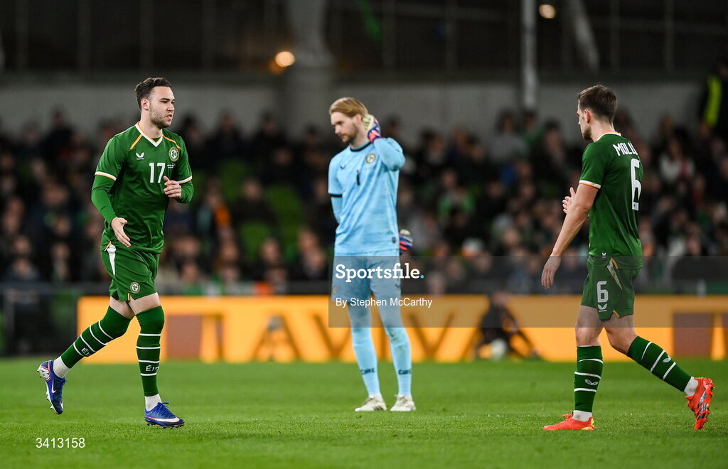 31 March 2026; Harvey Vale of Republic of Ireland comes onto the pitch during a second half substitution to replace Jayson Molumby, right, during the international friendly match between Republic of Ireland and North Macedonia at Aviva Stadium in Dublin. Photo by Stephen McCarthy/Sportsfile
