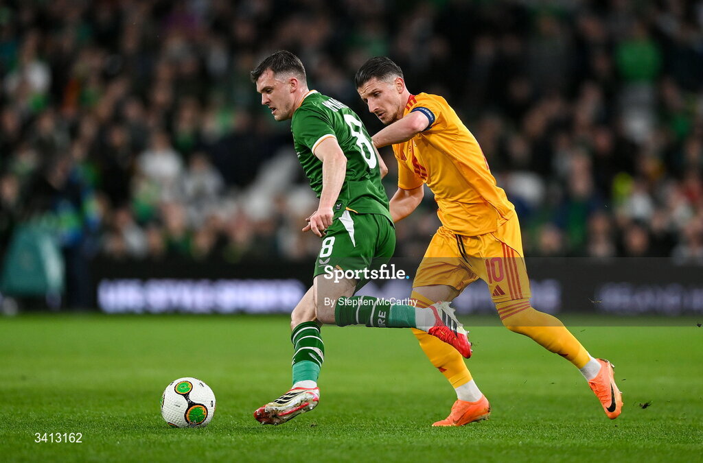 31 March 2026; Jason Knight of Republic of Ireland and Enis Bardhi of North Macedonia during the international friendly match between Republic of Ireland and North Macedonia at Aviva Stadium in Dublin. Photo by Stephen McCarthy/Sportsfile