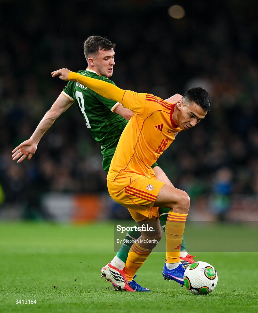 31 March 2026; Tihomir Kostadinov of North Macedonia and Jason Knight of Republic of Ireland during the international friendly match between Republic of Ireland and North Macedonia at Aviva Stadium in Dublin. Photo by Stephen McCarthy/Sportsfile