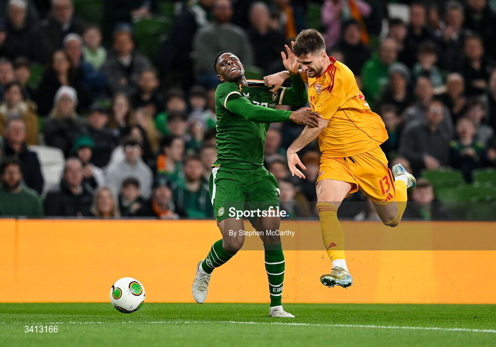 31 March 2026; Chiedozie Ogbene of Republic of Ireland in action against Imran Fetai of North Macedonia during the international friendly match between Republic of Ireland and North Macedonia at Aviva Stadium in Dublin. Photo by Stephen McCarthy/Sportsfile