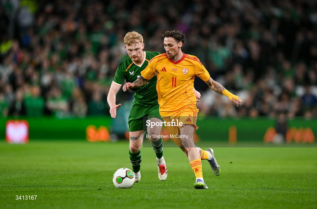 31 March 2026; Darko Churlinov of North Macedonia and Liam Scales of Republic of Ireland during the international friendly match between Republic of Ireland and North Macedonia at Aviva Stadium in Dublin. Photo by Stephen McCarthy/Sportsfile