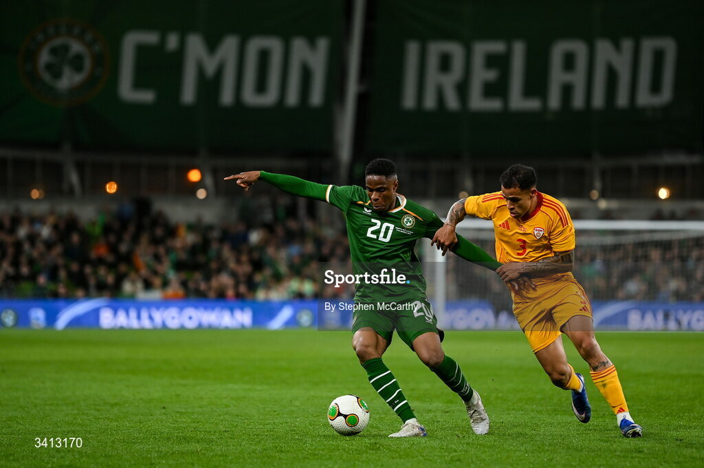31 March 2026; Chiedozie Ogbene of Republic of Ireland in action against Sebastijan Herera of North Macedonia during the international friendly match between Republic of Ireland and North Macedonia at Aviva Stadium in Dublin. Photo by Stephen McCarthy/Sportsfile