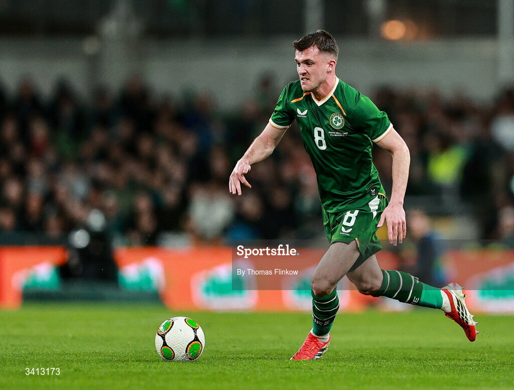 31 March 2026; Jason Knight of Republic of Ireland during the international friendly match between Republic of Ireland and North Macedonia at Aviva Stadium in Dublin. Photo by Thomas Flinkow/Sportsfile