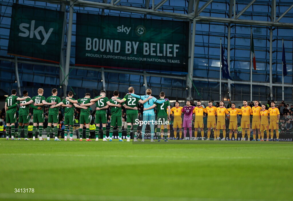 31 March 2026; The North Macedonia and Republic of Ireland teams stand for a minute's silence in memory of the late former FAI president Michael Hyland before the international friendly match between Republic of Ireland and North Macedonia at Aviva Stadium in Dublin. Photo by Thomas Flinkow/Sportsfile
