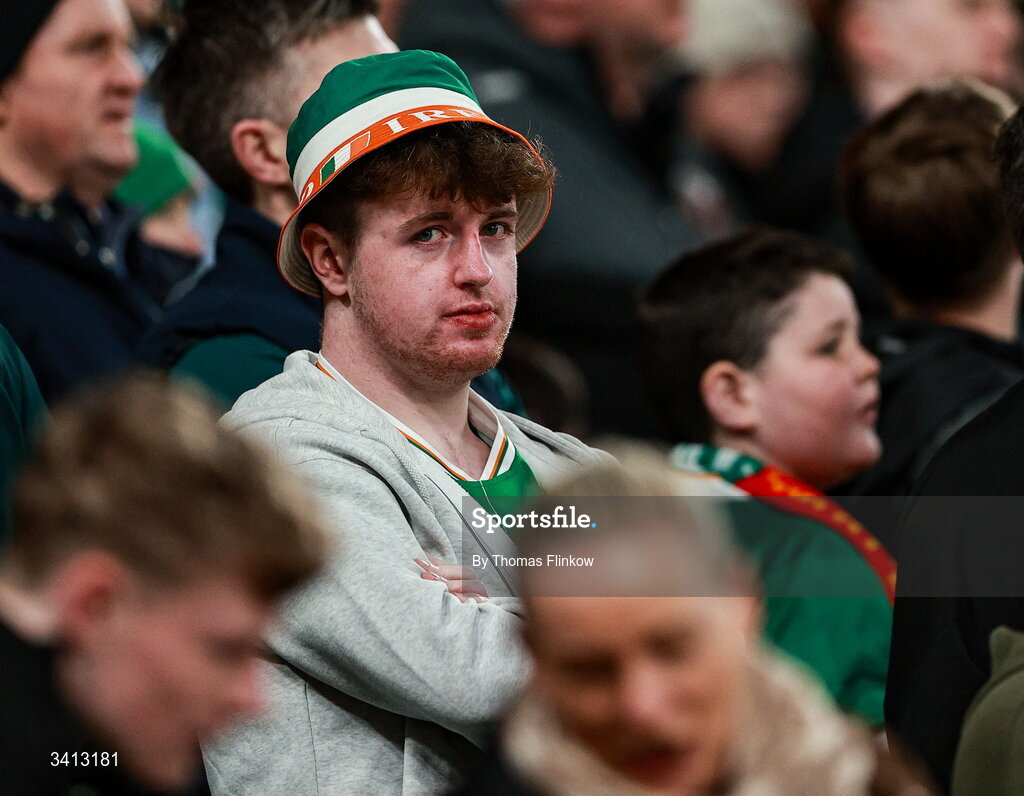 31 March 2026; A Republic of Ireland supporter during the international friendly match between Republic of Ireland and North Macedonia at Aviva Stadium in Dublin. Photo by Thomas Flinkow/Sportsfile