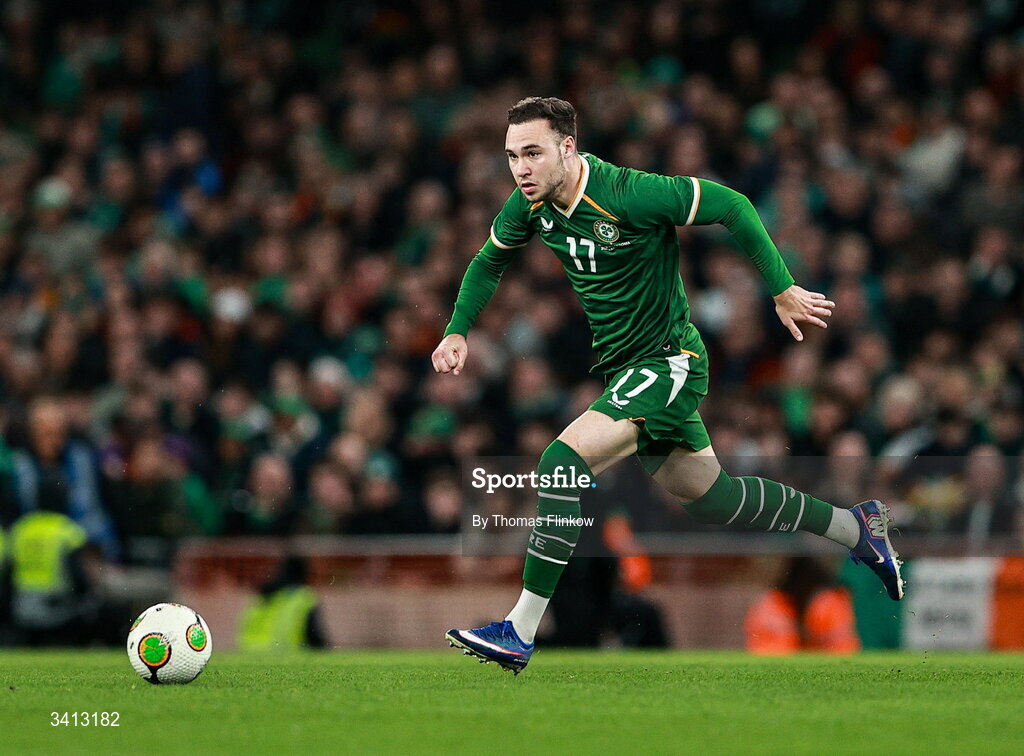31 March 2026; Harvey Vale of Republic of Ireland during the international friendly match between Republic of Ireland and North Macedonia at Aviva Stadium in Dublin. Photo by Thomas Flinkow/Sportsfile