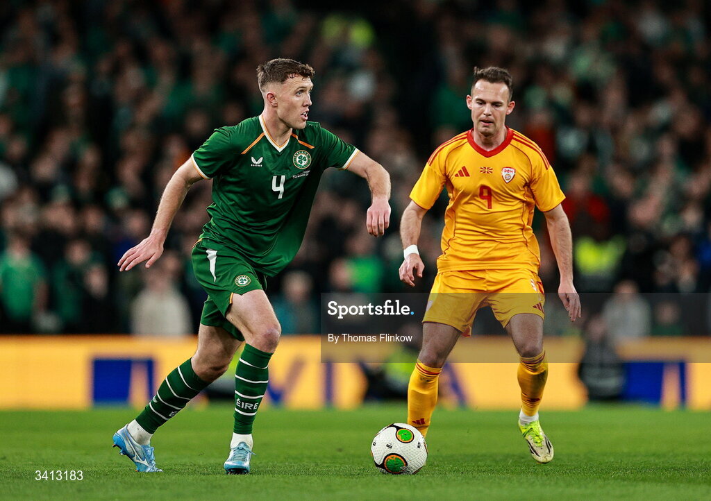 31 March 2026; Dara O'Shea of Republic of Ireland in action against Daniel Musovski of North Macedonia during the international friendly match between Republic of Ireland and North Macedonia at Aviva Stadium in Dublin. Photo by Thomas Flinkow/Sportsfile