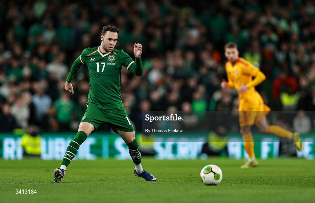 31 March 2026; Harvey Vale of Republic of Ireland during the international friendly match between Republic of Ireland and North Macedonia at Aviva Stadium in Dublin. Photo by Thomas Flinkow/Sportsfile
