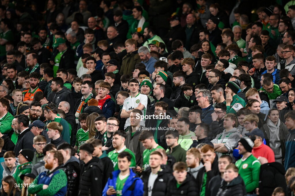 31 March 2026; Republic of Ireland supporters during the international friendly match between Republic of Ireland and North Macedonia at Aviva Stadium in Dublin. Photo by Stephen McCarthy/Sportsfile