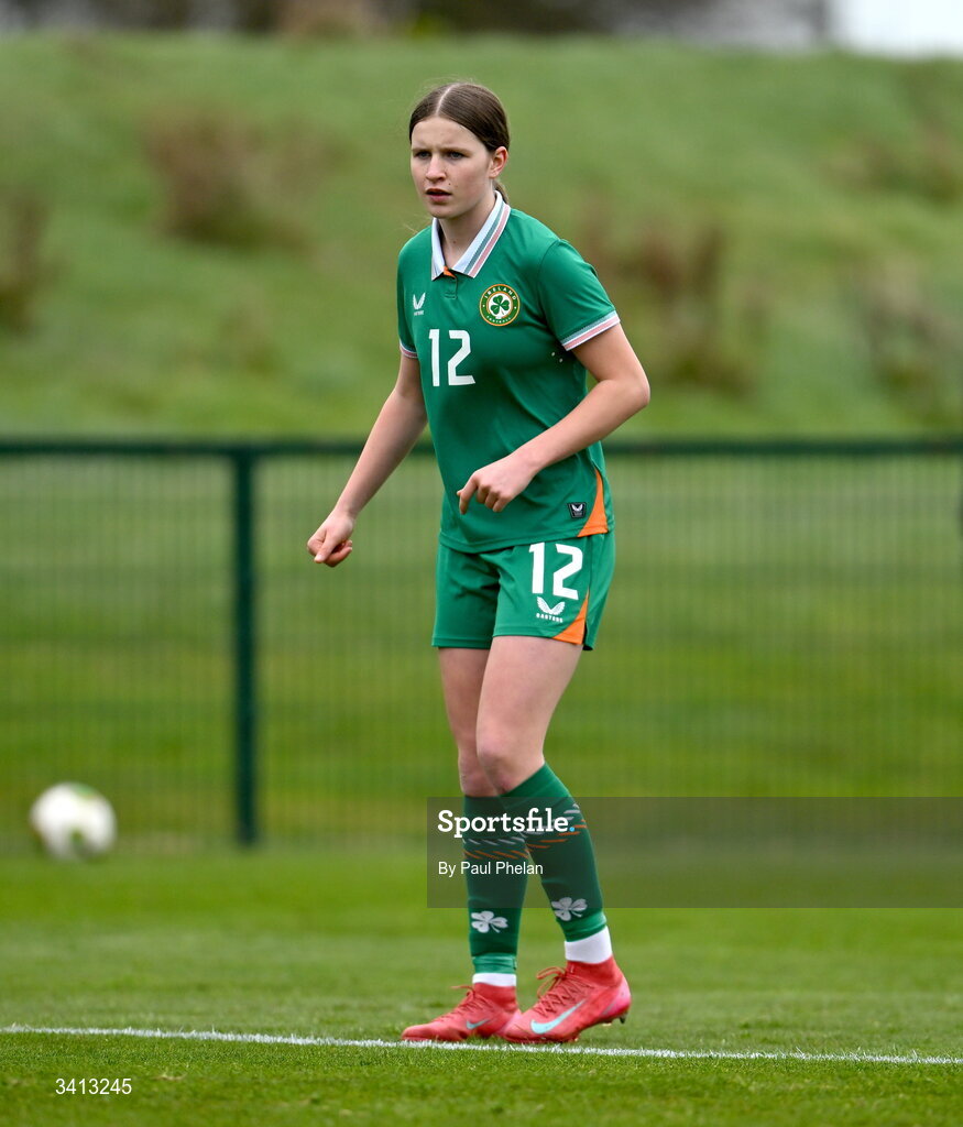 31 March 2026; Mia Whelan of Republic of Ireland during the Girls U16 international friendly match between Repubic of Ireland and Switzerland at the FAI National Training Centre in Abbotstown, Dublin. Photo by Paul Phelan/Sportsfile