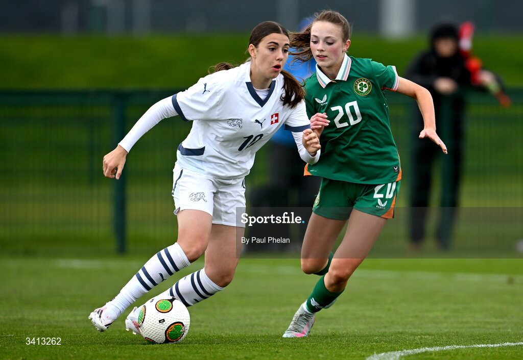 31 March 2026; Leja Feusi of Switzerland in action against Ruby Norris of Republic of Ireland during the Girls U16 international friendly match between Repubic of Ireland and Switzerland at the FAI National Training Centre in Abbotstown, Dublin. Photo by Paul Phelan/Sportsfile