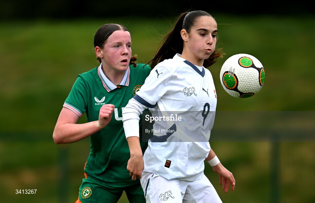 31 March 2026; Ruby Boland of Republic of Ireland in action against Noela Maloki of Switzerland during the Girls U16 international friendly match between Repubic of Ireland and Switzerland at the FAI National Training Centre in Abbotstown, Dublin. Photo by Paul Phelan/Sportsfile