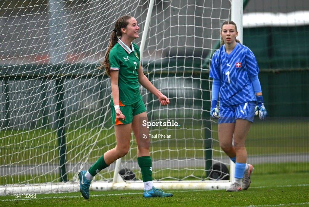 31 March 2026; Hailey Twomey of Republic of Ireland celebrates after scoring her side's first goal during the Girls U16 international friendly match between Repubic of Ireland and Switzerland at the FAI National Training Centre in Abbotstown, Dublin. Photo by Paul Phelan/Sportsfile