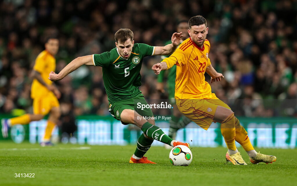 31 March 2026; Jayson Molumby of Republic of Ireland in action against Isnik Alimi of North Macedonia during the international friendly match between Republic of Ireland and North Macedonia at Aviva Stadium in Dublin. Photo by Michael P Ryan/Sportsfile