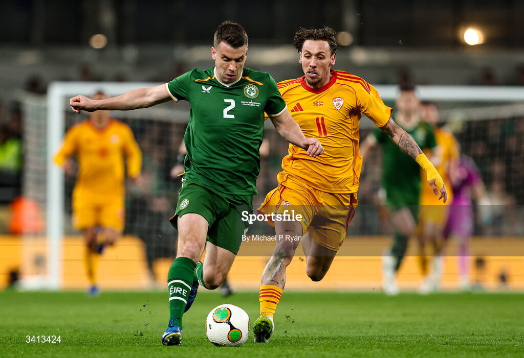 31 March 2026; Seamus Coleman of Republic of Ireland in action against Darko Churlinov of North Macedonia during the international friendly match between Republic of Ireland and North Macedonia at Aviva Stadium in Dublin. Photo by Michael P Ryan/Sportsfile