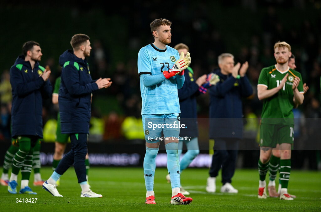 31 March 2026; Republic of Ireland goalkeeper Mark Travers after the international friendly match between Republic of Ireland and North Macedonia at Aviva Stadium in Dublin. Photo by Stephen McCarthy/Sportsfile